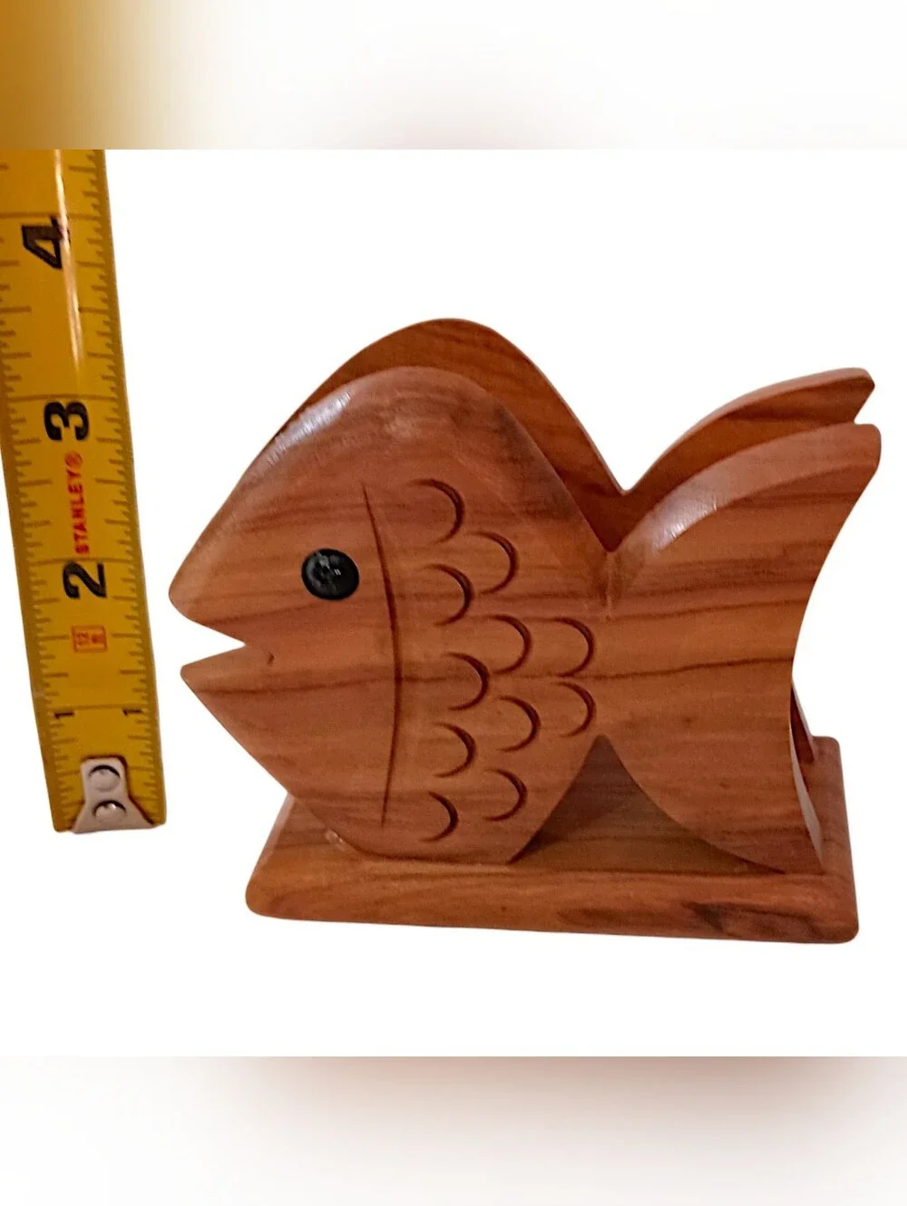 Olive Wood Fish Napkin Holder Carved Coastal Beach Kitchen Mail Desk Organizer